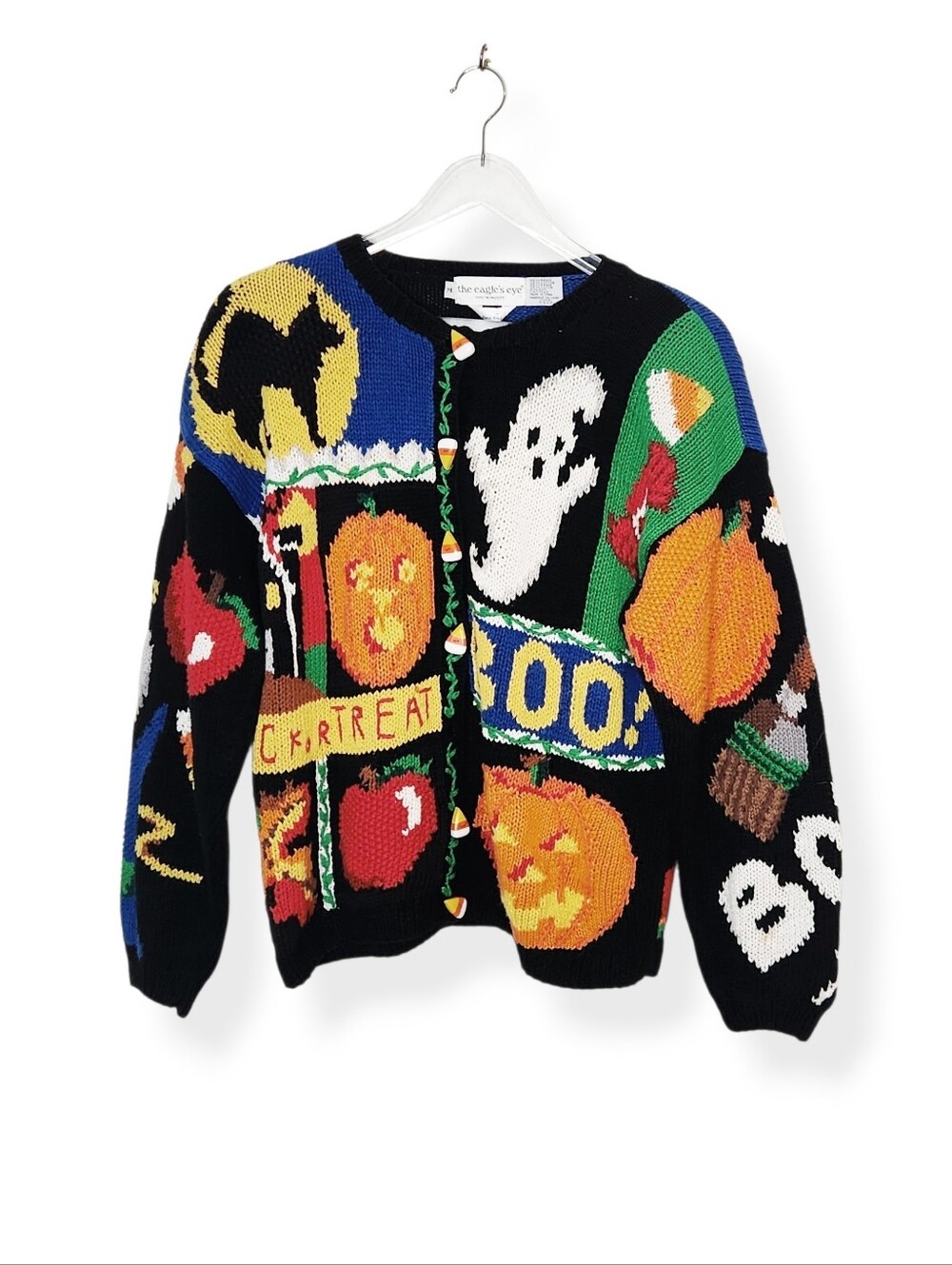Vintage The Eagles Eye Hand Knit 90s Halloween Cardigan Sweater Medium Ghost